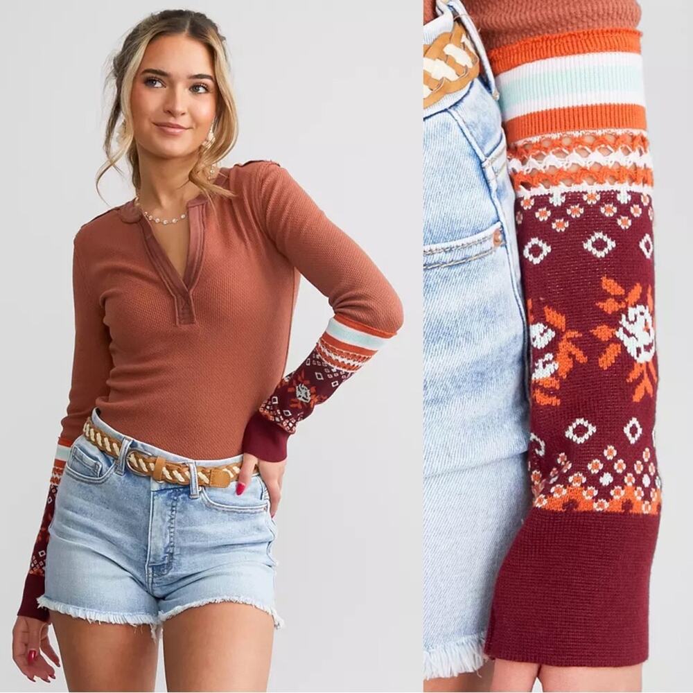 FINAL PRICE NWT NEW Free People Mikah Notch Neck Top Layering Cuff Autumn Combo